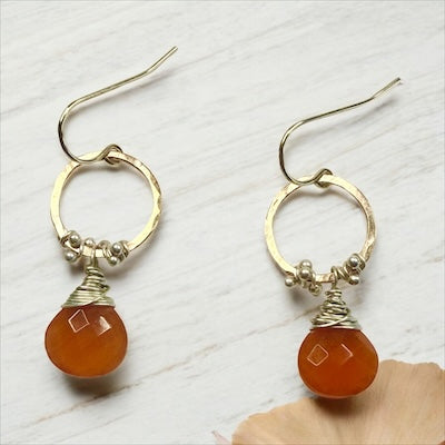 Hand Forged 14K Gold Fill & Sterling Silver Hoops w/ Semi-Precious Carnelion