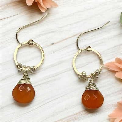 Hand Forged 14K Gold Fill & Sterling Silver Hoops w/ Semi-Precious Carnelion