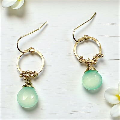Hand Forged 14K Gold Fill & Sterling Silver Hoops w/ Semi-Precious Aqua Chalcedony