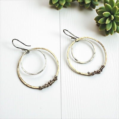 Hand Forged Gold Fill Hoops with Sterling Silver & Beaded Accents 1.75"