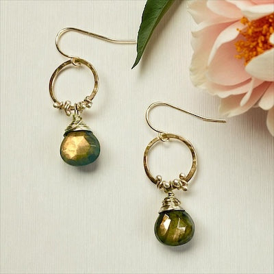 Hand Forged 14K Gold Fill & Sterling Silver Hoops w/ Semi-Precious Labradorite