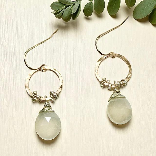 Hand Forged 14K Gold Fill & Sterling Silver Hoops w/ Semi-Precious Moonstone Drop
