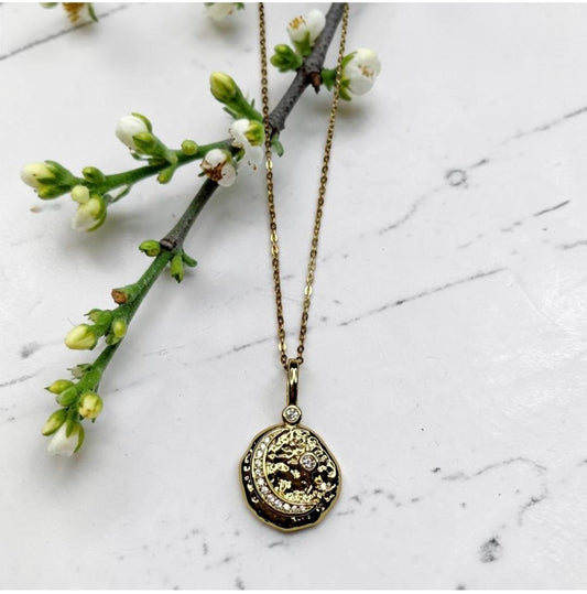 Gold Vermeil Hammered Pave CZ Crescent Moon Pendant Necklace