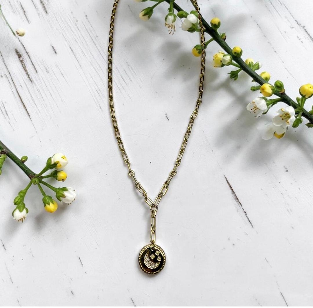 Gold Vermeil Paperclip Link & Pave CZ Crescent Moon Pendant Necklace