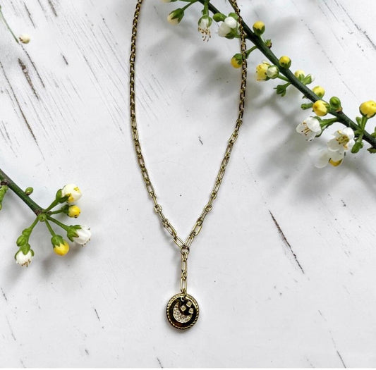 Gold Vermeil Paperclip Link & Pave CZ Crescent Moon Pendant Necklace