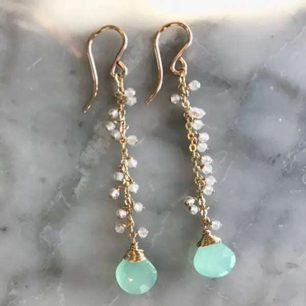 Gold Vermeil Mystic Moonstone and Seafoam Chalcedony Semi-Precious Dangle Earrings