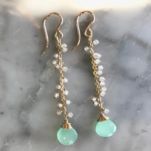 Gold Vermeil Mystic Moonstone and Seafoam Chalcedony Semi-Precious Dangle Earrings