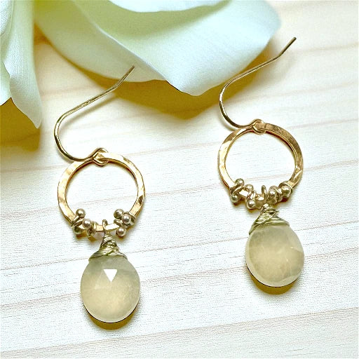 Hand Forged 14K Gold Fill & Sterling Silver Hoops w/ Semi-Precious Moonstone Drop