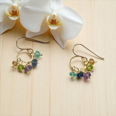 Gold Vermeil Small Hoop Rondelle Semi-Precious Cluster Earrings