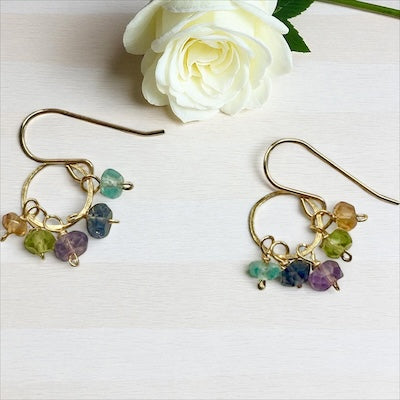 Gold Vermeil Small Hoop Rondelle Semi-Precious Cluster Earrings