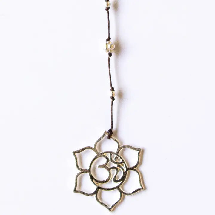 Ohm Flower Silver Rhodium Necklace on Linen Cord