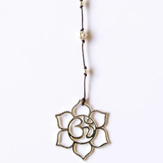 Ohm Flower Silver Rhodium Necklace on Linen Cord
