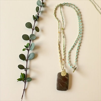 Handmade Braided Natural Stones Chord 30" Necklace w/ Jasper Stone & Lotus Charm