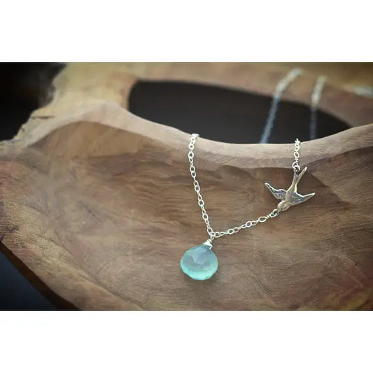 Sterling Silver Bird Necklace with Semi-Precious Chalcedony Stone