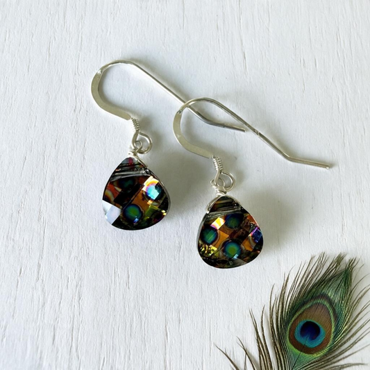 Sterling Silver Faceted Swarovski Peacock Briolette Dangle Earrings