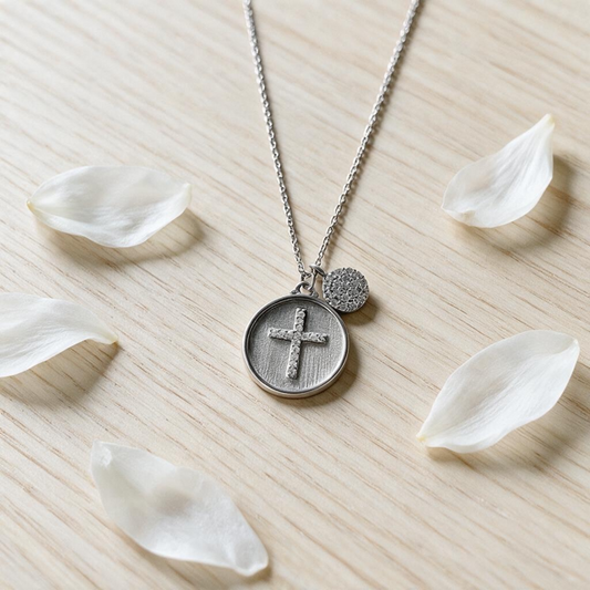 Sterling Silver Round Cross Pendant with CZ Charm