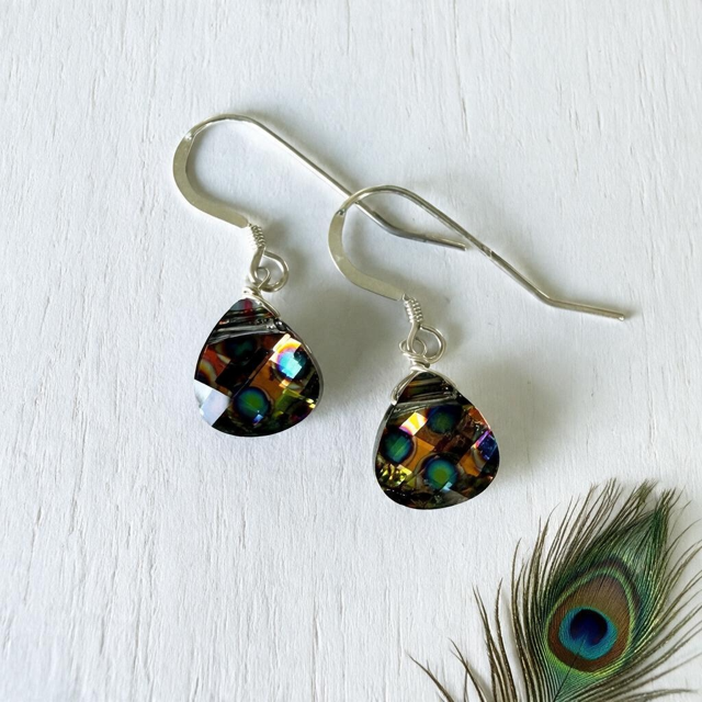 Sterling Silver Faceted Swarovski Peacock Crystal Briolette Dangle Earrings
