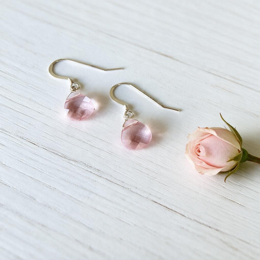 Sterling Silver Faceted Swarovski Pink Briolette Dangle Earrings
