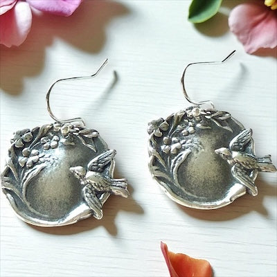 Sterling Silver Hand-Stamped Bird In Flight Floral Round Dangle Earrings