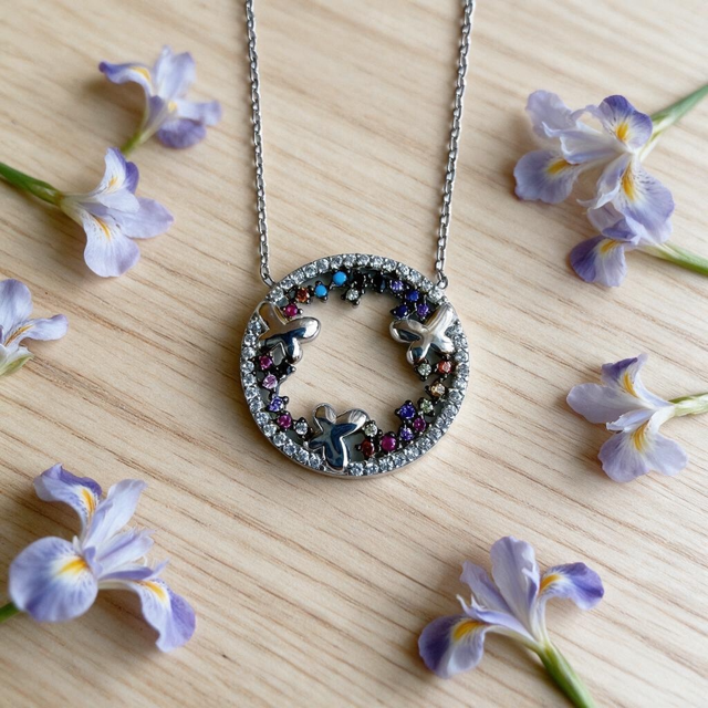 Sterling Silver & Swarovski Multi-Color Crystal Butterfly Necklace