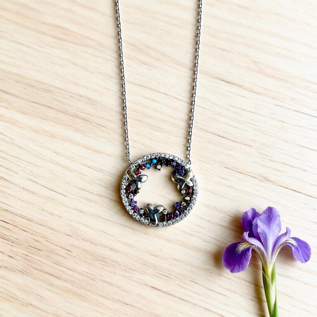 Sterling Silver & Swarovski Multi-Color Crystal Butterfly Necklace