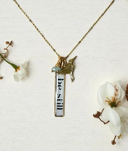 "BE STILL" Sterling Silver & 14kt Vermeil Necklace w/ Chalcedony Rondelles