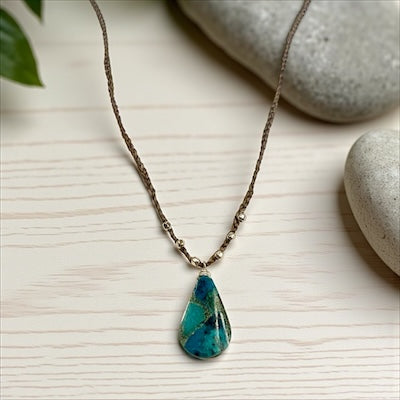 Braided Silk Crochet Necklace w/ Turquoise Teardrop