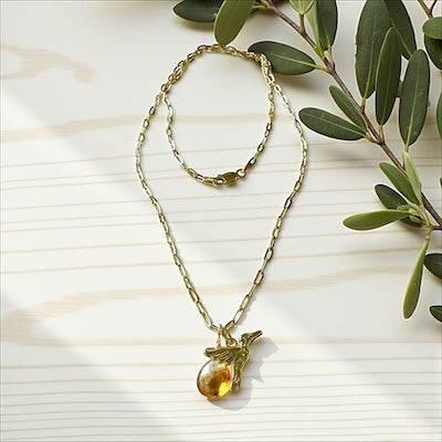 18kt Gold Vermeil 24" Paperclip Link Bird Necklace w/ Semi-Precious Citrine
