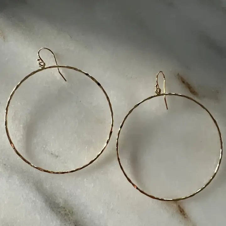 Gold Vermeil delicate thin large 2" dangle hammered hoop earrings