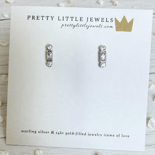 Sterling Silver Tiny 3-Stone Bezel Set CZ Earrings