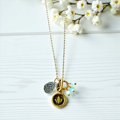 14kt Gold Vermeil Dainty Necklace with Semi-Precious Chalcedony Cluster & Lotus Flower