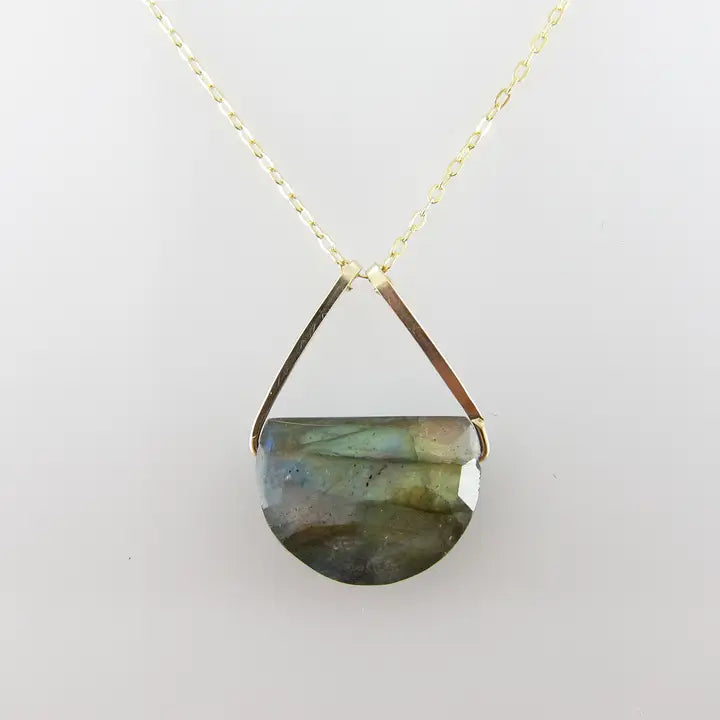 Forged Gold Triangle Bail Necklace with Half-Moon Cut Gemstone - Labradorite
