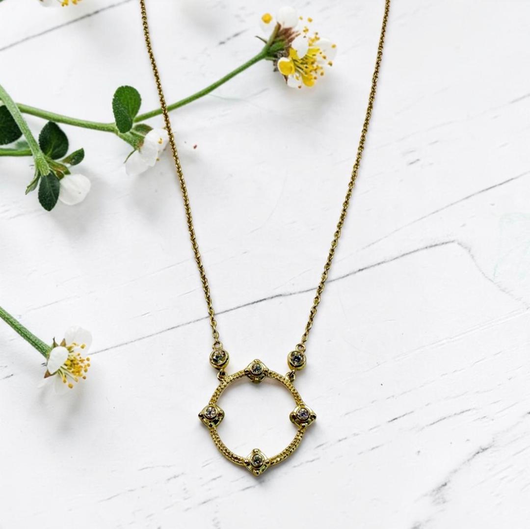 Gold Vermeil Vintage Inspired Circle Pendant Necklace with Bezel Set CZ