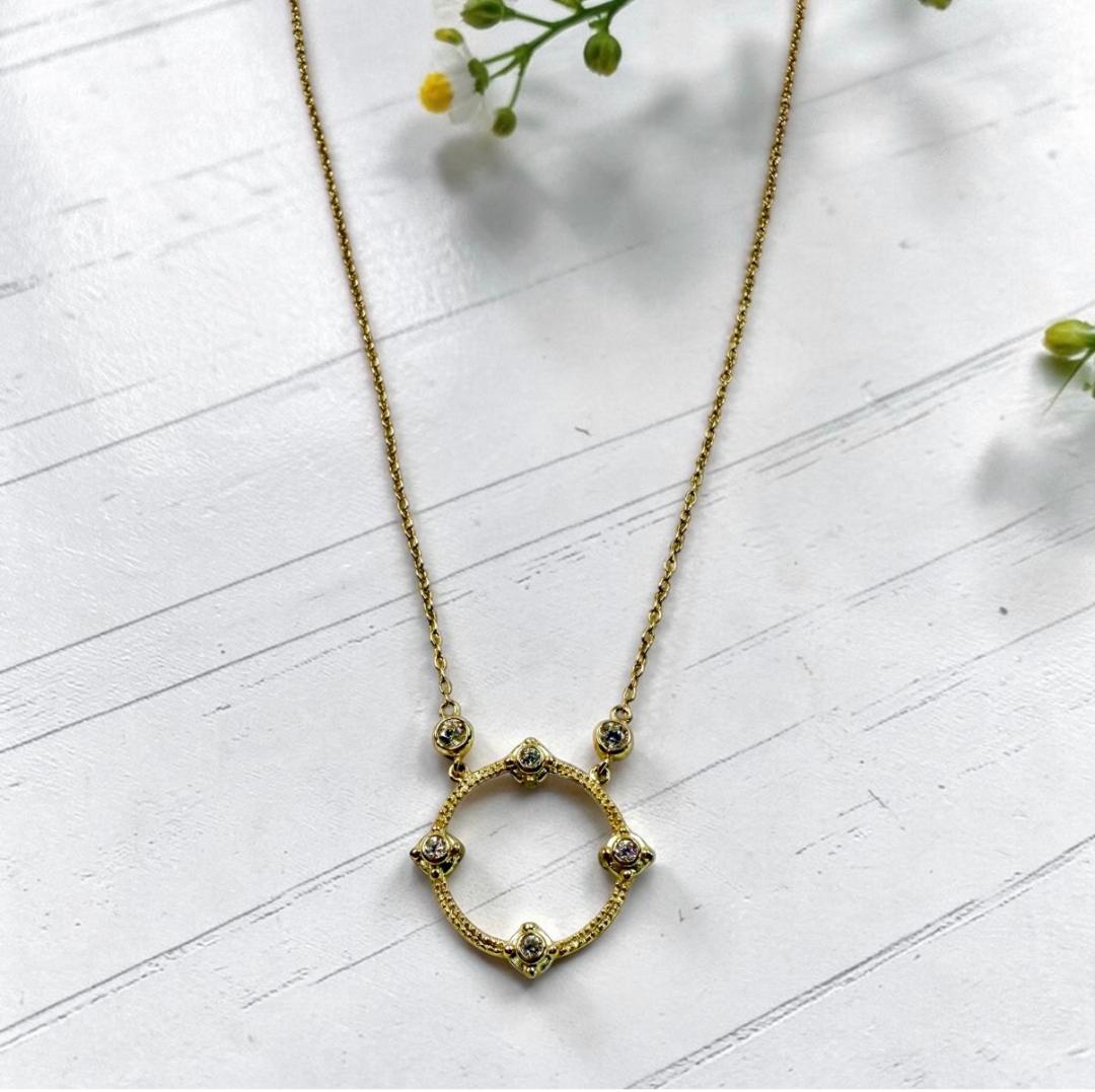 Gold Vermeil Vintage Inspired Circle Pendant Necklace with Bezel Set CZ