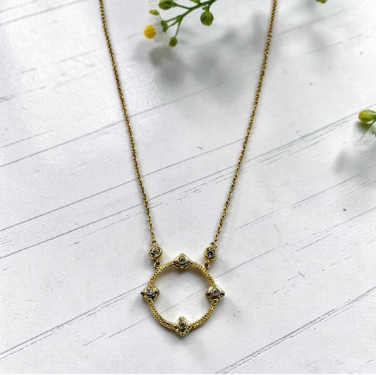 Gold Vermeil Vintage Inspired Circle Pendant Necklace with Bezel Set CZ